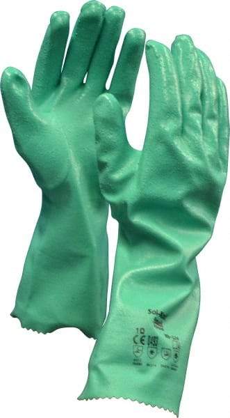 Ansell - Size XL (10), 14" Long, 47 mil Thick, Supported, Nitrile Chemical Resistant Gloves - Textured Finish, Cotton Interlock Knit Lined, Gauntlet Cuff, ANSI Abrasion Level 4, ANSI Cut Level 1, Green, FDA Approved - Makers Industrial Supply