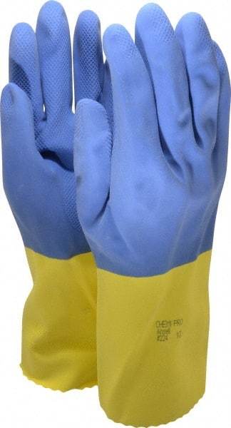 Ansell - Size XL (10), 13" Long, 28 mil Thick, Neoprene Chemical Resistant Gloves - Textured Finish, Cotton Lined, Gauntlet Cuff, Blue/Yellow - Makers Industrial Supply