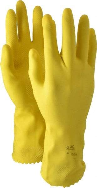 Ansell - Size S (7), 12" Long, 20 mil Thick, Supported, Latex Chemical Resistant Gloves - Textured Finish, Cotton Lined, Gauntlet Pinked Cuff, ANSI Abrasion Level 2, ANSI Cut Level 0, Yellow, FDA Approved - Makers Industrial Supply