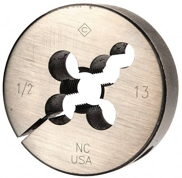 Cle-Line - 1/2-13 UNC Thread, 2" Outside Diam Carbon Steel Round Die - 5/8" Thick, Right Hand Thread, Adjustable - Exact Industrial Supply