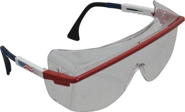 Uvex - Clear Lenses, Framed Safety Glasses - Anti-Fog, Scratch Resistant, Red/White/Blue Plastic Frame, Adjustable Temples, Size Universal, Over the Glasses - Makers Industrial Supply