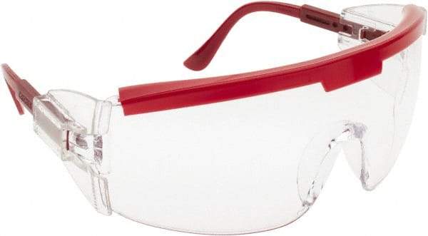 MCR Safety - Clear Lenses, Framed Safety Glasses - Scratch Resistant, Red Plastic Frame, Adjustable Temples, Size Universal, Wrap Around - Makers Industrial Supply