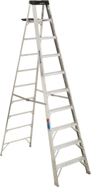 Werner - 9 Steps, 10' High, Type IA Rating, Aluminum Step Ladder - 300 Lb Capacity, 30" Base Width - Makers Industrial Supply