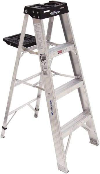 Werner - 3 Steps, 4' High, Type IA Rating, Aluminum Step Ladder - 300 Lb Capacity, 19-1/2" Base Width - Makers Industrial Supply