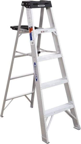 Werner - 4 Steps, 5' High, Type IA Rating, Aluminum Step Ladder - 300 Lb Capacity, 21-1/4" Base Width - Makers Industrial Supply