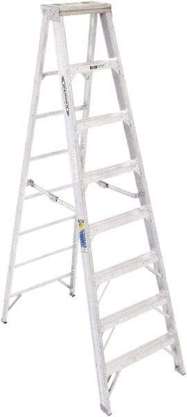 Werner - 7 Steps, 8' High, Type IAA Rating, Aluminum Step Ladder - 375 Lb Capacity, 28-1/4" Base Width - Makers Industrial Supply