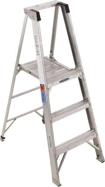 Werner - 3 Steps, 5' High, Type IA Rating, Aluminum Platform Ladder - 300 Lb Capacity, 23" Base Width - Makers Industrial Supply