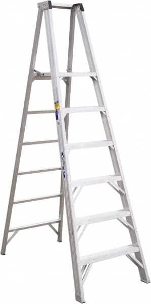 Werner - 6 Steps, 8' High, Type IAA Rating, Aluminum Platform Ladder - 375 Lb Capacity, 28-1/4" Base Width - Makers Industrial Supply