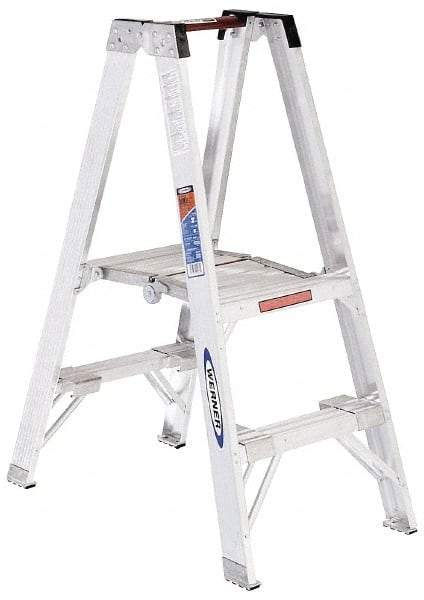 Werner - 2 Steps, 4' High, Type IA Rating, Aluminum Platform Ladder - 300 Lb Capacity, 21-1/4" Base Width - Makers Industrial Supply