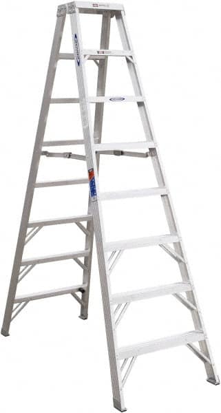 Werner - 7 Steps, 8' High, Type IA Rating, Aluminum Step Ladder - 300 Lb Capacity, 25-3/4" Base Width - Makers Industrial Supply