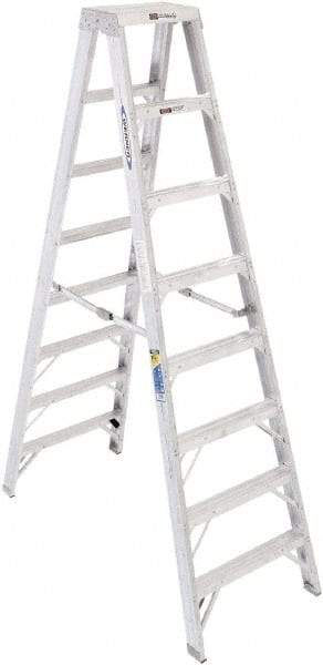 Werner - 7 Steps, 8' High, Type IAA Rating, Aluminum Step Ladder - 375 Lb Capacity, 28-1/4" Base Width - Makers Industrial Supply