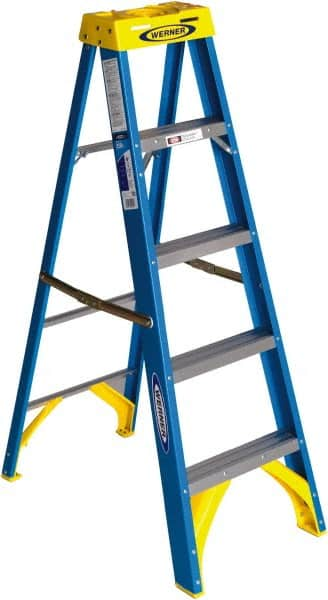 Werner - 4 Steps, 5' High, Type I Rating, Fiberglass Step Ladder - 250 Lb Capacity, 20-1/2" Base Width - Makers Industrial Supply