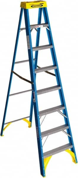 Werner - 7 Steps, 8' High, Type I Rating, Fiberglass Step Ladder - 250 Lb Capacity, 25" Base Width - Makers Industrial Supply