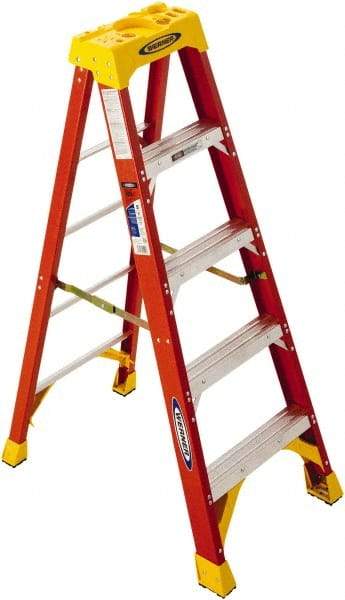 Werner - 5 Steps, 6' High, Type IA Rating, Fiberglass Step Ladder - 300 Lb Capacity, 23-3/8" Base Width - Makers Industrial Supply