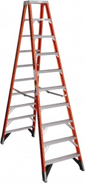 Werner - 9 Steps, 10' High, Type IAA Rating, Fiberglass & Aluminum Step Ladder - 375 Lb Capacity, 31-5/8" Base Width - Makers Industrial Supply