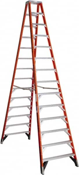 Werner - 13 Steps, 14' High, Type IA Rating, Fiberglass & Aluminum Step Ladder - 300 Lb Capacity, 38-5/8" Base Width - Makers Industrial Supply