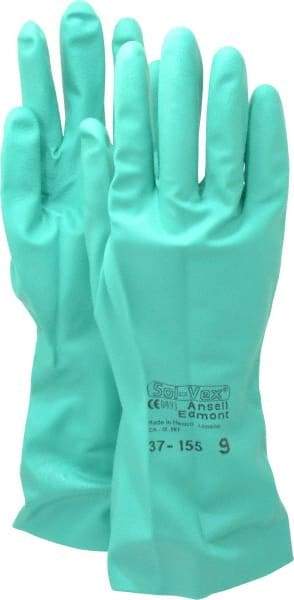 Ansell - Size L (9), 13" Long, 15 mil Thick, Nitrile Chemical Resistant Gloves - Textured Finish, Straight Cuff, ANSI Abrasion Level 4, ANSI Cut Level 0, Green, FDA Approved - Makers Industrial Supply