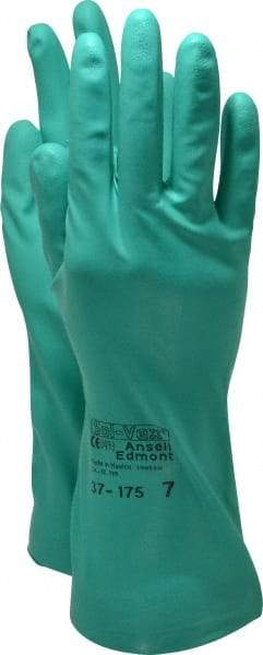 Ansell - Size S (7), 13" Long, 15 mil Thick, Supported, Nitrile Chemical Resistant Gloves - Textured Finish, Cotton Lined, Straight Cuff, ANSI Abrasion Level 4, ANSI Cut Level 0, Green, FDA Approved - Makers Industrial Supply