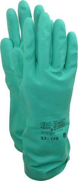 Ansell - Size M (8), 13" Long, 15 mil Thick, Supported, Nitrile Chemical Resistant Gloves - Textured Finish, Cotton Lined, Straight Cuff, ANSI Abrasion Level 4, ANSI Cut Level 0, Green, FDA Approved - Makers Industrial Supply