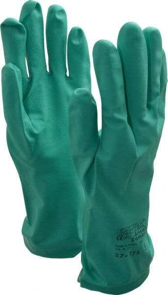 Ansell - Size L (9), 13" Long, 15 mil Thick, Supported, Nitrile Chemical Resistant Gloves - Textured Finish, Cotton Lined, Straight Cuff, ANSI Abrasion Level 4, ANSI Cut Level 0, Green, FDA Approved - Makers Industrial Supply