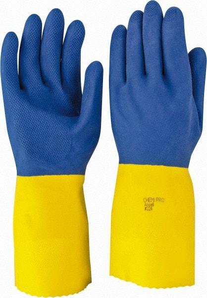 Ansell - Size S (7), 13" Long, 27 mil Thick, Supported, Latex Chemical Resistant Gloves - Textured Finish, Cotton Lined, Gauntlet Pinked Cuff, ANSI Abrasion Level 3, ANSI Cut Level 0, Blue/Yellow - Makers Industrial Supply