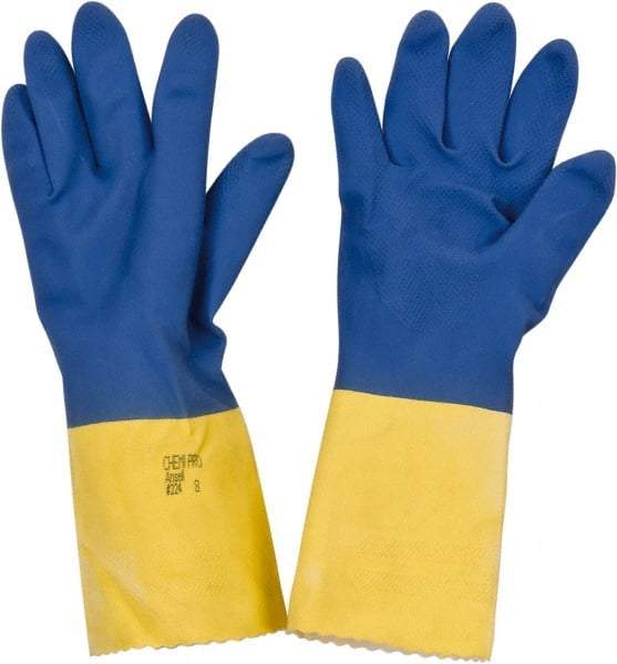 Ansell - Size M (8), 13" Long, 27 mil Thick, Supported, Latex Chemical Resistant Gloves - Textured Finish, Cotton Lined, Gauntlet Pinked Cuff, ANSI Abrasion Level 3, ANSI Cut Level 0, Blue/Yellow - Makers Industrial Supply