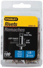 Stanley - Steel Color Coded Blind Rivet - Steel Mandrel, 0.062" to 1/8" Grip, 1/4" Head Diam, 0.125" to 0.133" Hole Diam, 0.275" Length Under Head, 1/8" Body Diam - Makers Industrial Supply