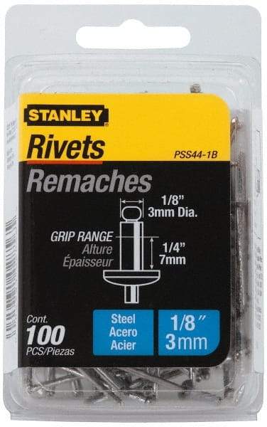 Stanley - Steel Color Coded Blind Rivet - Steel Mandrel, 0.188" to 1/4" Grip, 1/4" Head Diam, 0.125" to 0.133" Hole Diam, 0.4" Length Under Head, 1/8" Body Diam - Makers Industrial Supply