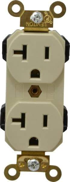 Leviton - 125 VAC, 20 Amp, 5-20R NEMA Configuration, Ivory, Industrial Grade, Self Grounding Duplex Receptacle - 1 Phase, 2 Poles, 3 Wire, Flush Mount, Impact and Tamper Resistant - Makers Industrial Supply