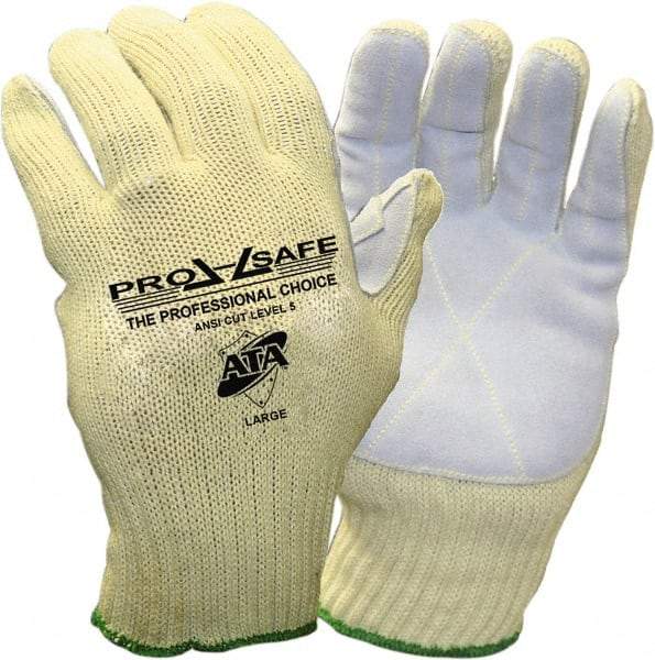 PRO-SAFE - Size L (9), ANSI Cut Lvl 5, Puncture Lvl 3, Abrasion Lvl 4, Split Cowhide Cut & Puncture Resistant Gloves - Cotton Lining, Knit Wrist, Yellow/Gray, Paired - Makers Industrial Supply