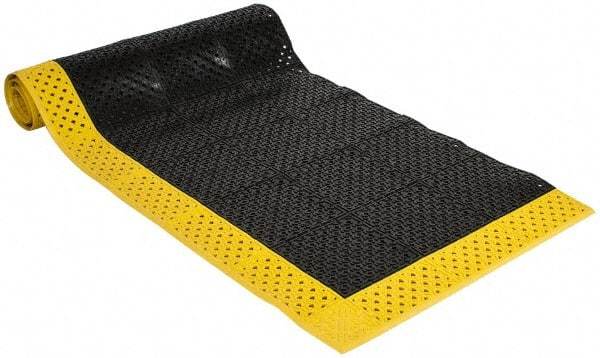 Notrax - 10' Long, Dry/Wet Environment, Anti-Fatigue Matting - Black with Yellow Borders, Vinyl with Vinyl Base, Beveled on 3 Sides - Makers Industrial Supply