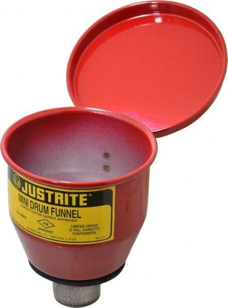 Justrite - 4-1/2" High x 4-1/2" Diam, Galvanized Steel, Manual Closing Pail Funnel with Flame Arrester - 1" Arrester/Tube Length, 5 Gal Drum/Pail Capacity - Makers Industrial Supply