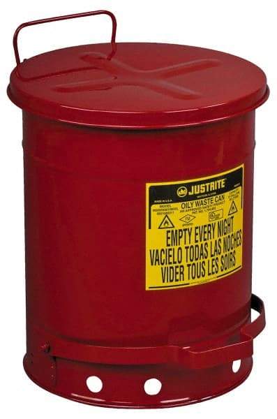 Justrite - 10 Gallon Capacity, Galvanized Steel Disposal Can - 13-15/16 Inch Wide/Diameter x 18-1/4 Inch High, Red, Foot Operated, Approved FM and UL - Makers Industrial Supply