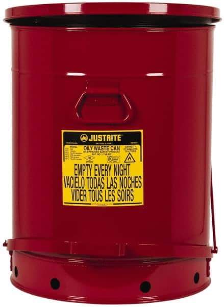 Justrite - 21 Gallon Capacity, Galvanized Steel Disposal Can - 18-3/8 Inch Wide/Diameter x 23-7/16 Inch High, Red, Foot Operated, Approved FM and UL - Makers Industrial Supply