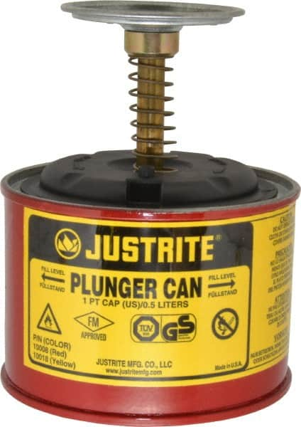 Justrite - 1 Pint Capacity, 5-1/4 Inch High x 4-7/8 Inch Diameter, Steel Plunger Can - 2-3/4 Inch Dasher Diameter, Red, Approval Listing/Regulation FM - Makers Industrial Supply