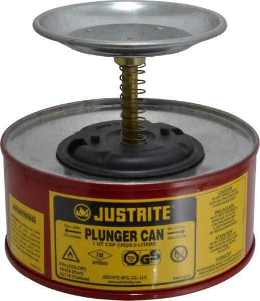 Justrite - 1 Quart Capacity, 5-5/8 Inch High x 7-1/4 Inch Diameter, Steel Plunger Can - 5 Inch Dasher Diameter, Red, Approval Listing/Regulation FM - Makers Industrial Supply