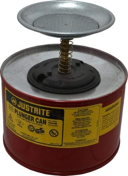 Justrite - 2 Quart Capacity, 7-3/8 Inch High x 7-1/4 Inch Diameter, Steel Plunger Can - 5 Inch Dasher Diameter, Red, Approval Listing/Regulation FM - Makers Industrial Supply