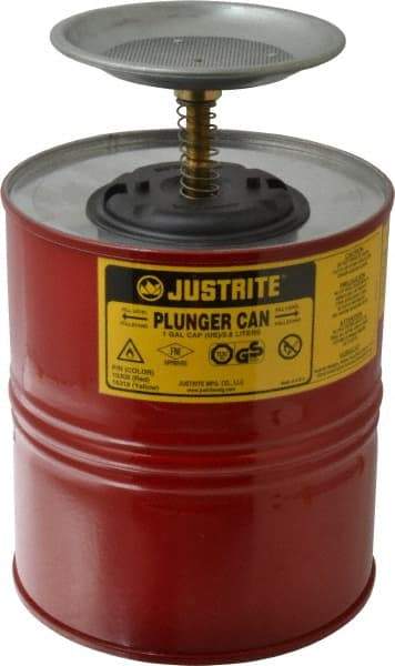 Justrite - 4 Quart Capacity, 10-1/2 Inch High x 7-1/4 Inch Diameter, Steel Plunger Can - 5 Inch Dasher Diameter, Red, Approval Listing/Regulation FM - Makers Industrial Supply