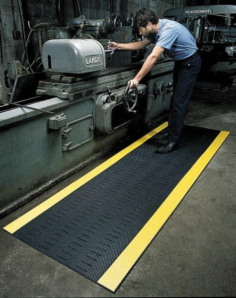 Wearwell - 30' Long x 2' Wide, Dry/Wet Environment, Anti-Fatigue Matting - Black with Yellow Borders, Vinyl with Vinyl Base, Beveled on 4 Sides - Makers Industrial Supply