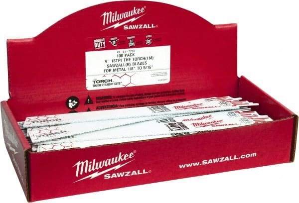 Milwaukee Tool - 9" Long x 1" Thick, Bi-Metal Reciprocating Saw Blade - Straight Profile, 18 TPI, Toothed Edge, Universal Shank - Makers Industrial Supply