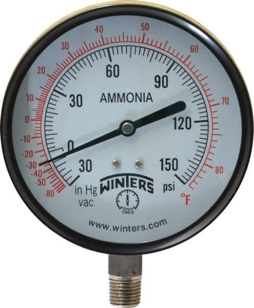 Winters - 4" Dial, 1/4 Thread, 30-0-150 Scale Range, Pressure Gauge - Lower Connection Mount, Accurate to 3-2-3% of Scale - Makers Industrial Supply