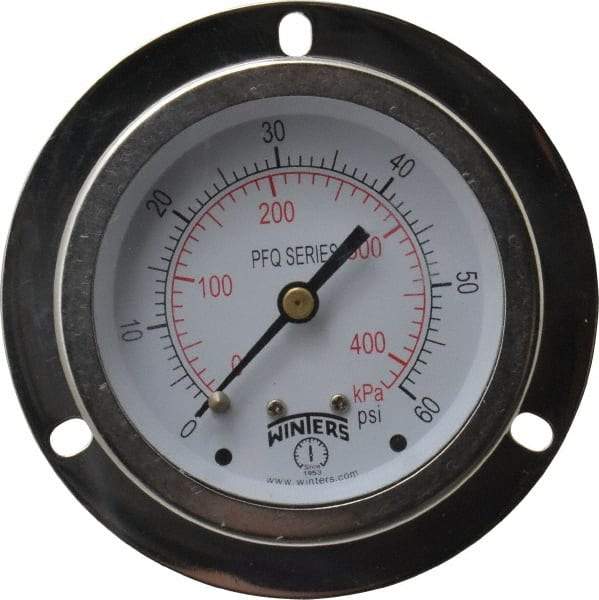 Winters - 2-1/2" Dial, 1/4 Thread, 0-60 Scale Range, Pressure Gauge - Front Flange Panel Mount, Center Back Connection Mount, Accurate to 1.5% of Scale - Makers Industrial Supply