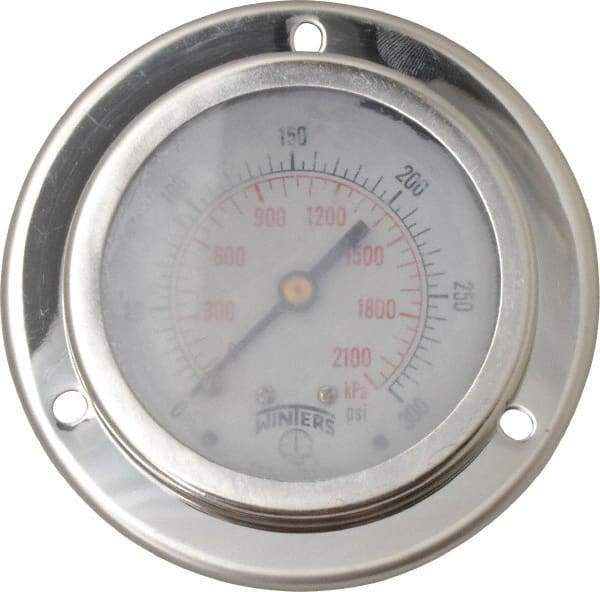 Winters - 2-1/2" Dial, 1/4 Thread, 0-300 Scale Range, Pressure Gauge - Front Flange Panel Mount, Center Back Connection Mount, Accurate to 1.5% of Scale - Makers Industrial Supply