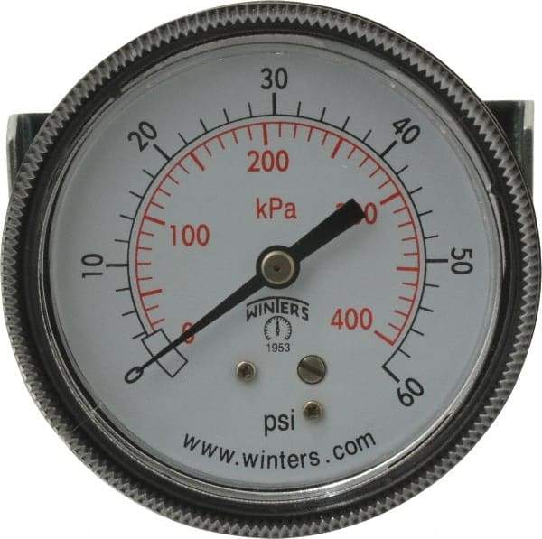 Winters - 2-1/2" Dial, 1/4 Thread, 0-60 Scale Range, Pressure Gauge - U-Clamp Panel Mount, Center Back Connection Mount, Accurate to 2.5% of Scale - Makers Industrial Supply