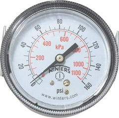 Winters - 2-1/2" Dial, 1/4 Thread, 0-160 Scale Range, Pressure Gauge - U-Clamp Panel Mount, Center Back Connection Mount, Accurate to 2.5% of Scale - Makers Industrial Supply