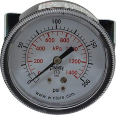 Winters - 2-1/2" Dial, 1/4 Thread, 0-200 Scale Range, Pressure Gauge - U-Clamp Panel Mount, Center Back Connection Mount, Accurate to 2.5% of Scale - Makers Industrial Supply