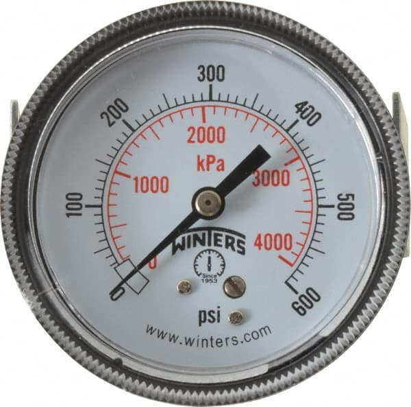 Winters - 2-1/2" Dial, 1/4 Thread, 0-600 Scale Range, Pressure Gauge - U-Clamp Panel Mount, Center Back Connection Mount, Accurate to 2.5% of Scale - Makers Industrial Supply