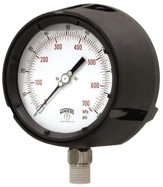 Winters - 4-1/2" Dial, 1/2 Thread, 0-400 Scale Range, Pressure Gauge - Lower Connection Mount, Accurate to 0.5% of Scale - Makers Industrial Supply