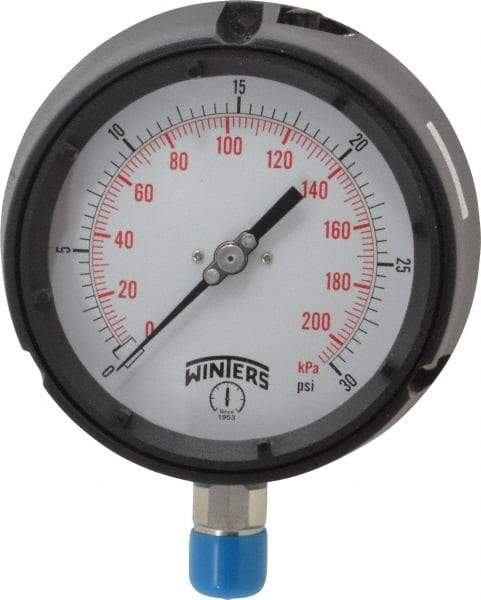 Winters - 4-1/2" Dial, 1/2 Thread, 0-30 Scale Range, Pressure Gauge - Lower Connection Mount, Accurate to 0.5% of Scale - Makers Industrial Supply