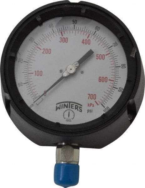 Winters - 4-1/2" Dial, 1/2 Thread, 0-100 Scale Range, Pressure Gauge - Lower Connection Mount, Accurate to 0.5% of Scale - Makers Industrial Supply